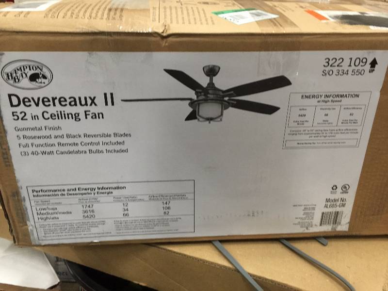 lot 29 image: Hampton Bay Devereaux II 52 in. Indoor Gunmetal Ceiling Fan with Light Kit and Remote Control open box never used