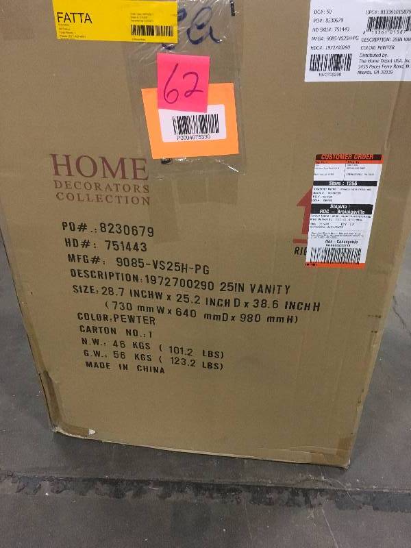 lot 62 image: Home Decorators Newport 25 in. W x 21-12 in. D Bath Vanity in Pewter with Granite Vanity Top in Grey