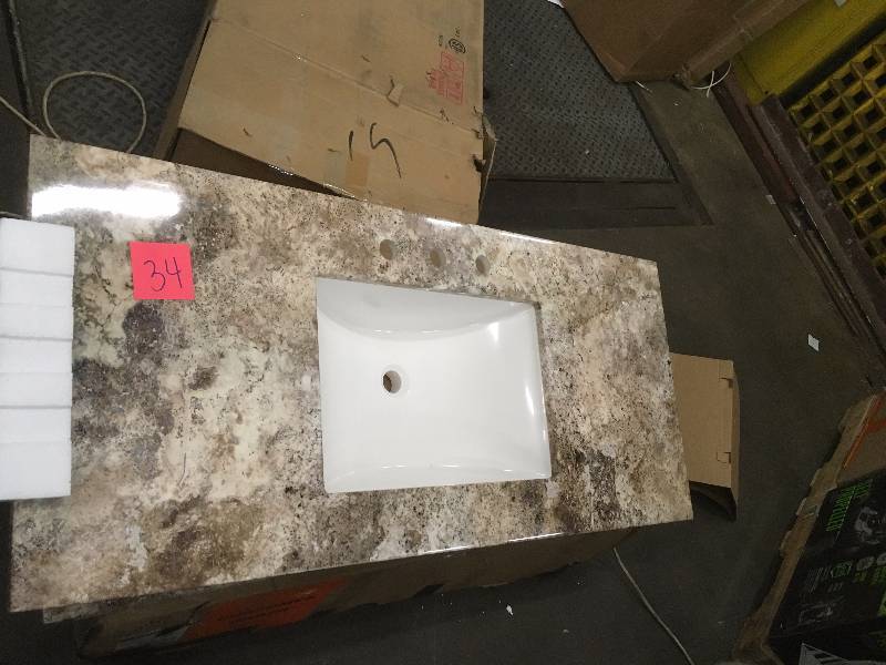 lot 34 image: Home Decorators Stone Effects Vanity Top in Avalon with White Basin-SERST49COM-AV not used
