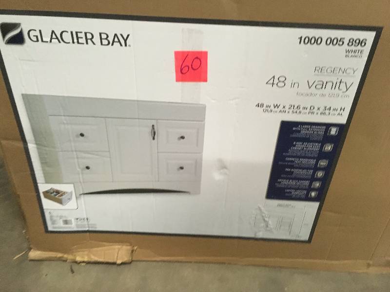 lot 60 image: Glacier Bay Regency 48 in. W Bath Vanity Cabinet Only in White