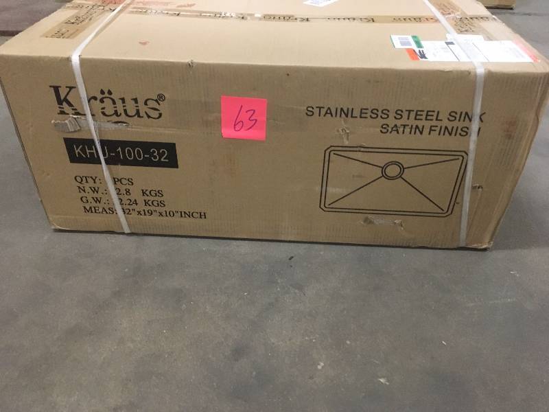 lot 63 image: Kraus Undermount Stainless Steel 32 in. Single Basin Kitchen Sink Kit New