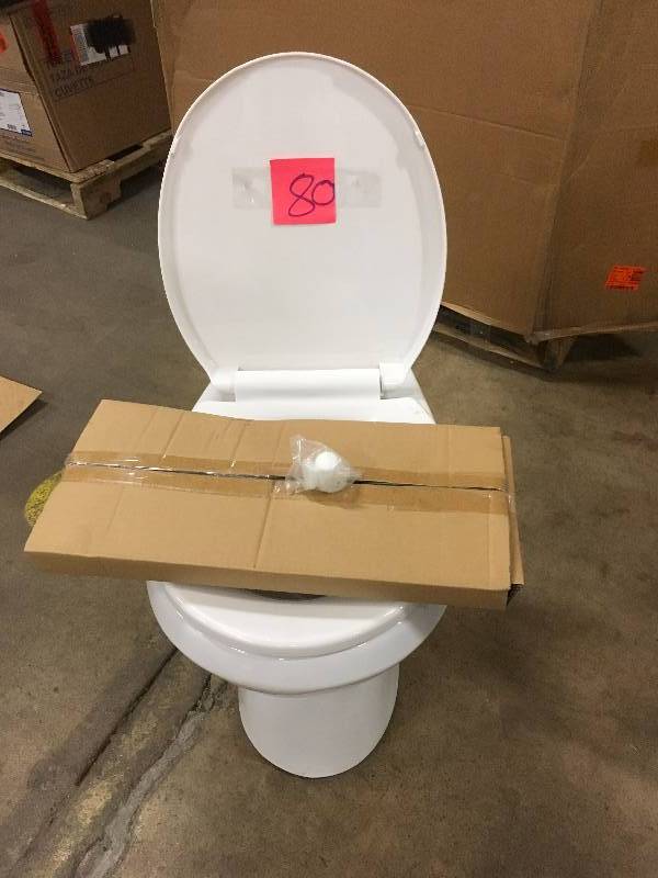 lot 80 image: Penguin Toilets 2-piece 1.28 GPF Single Flush Elongated Toilet with Overflow Protection in White installed before but in mint condition