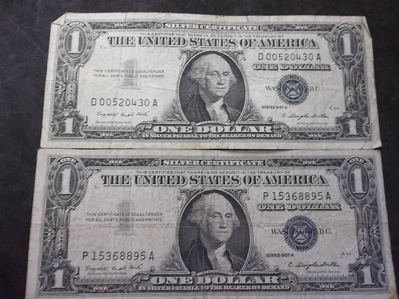 lot 138 image: 2-US One Dollar Silver Certificates Series 1957 A