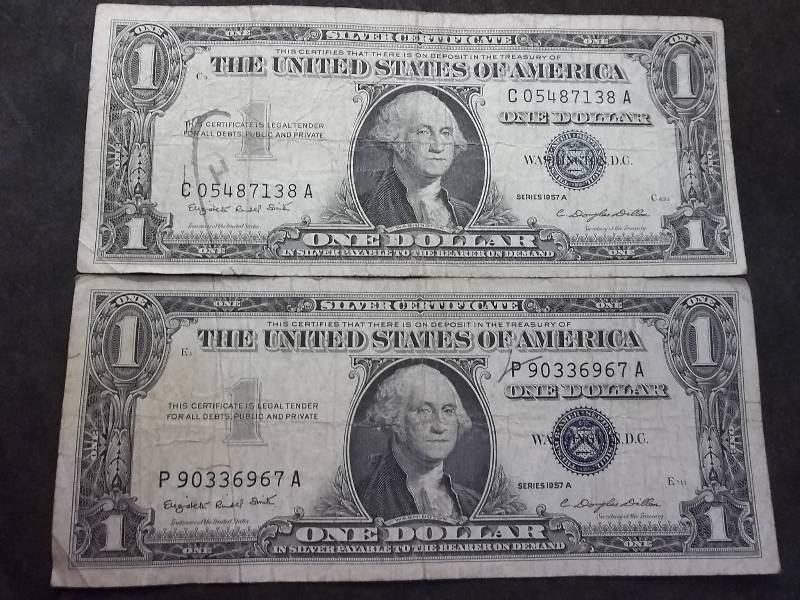 lot 139 image: 2-US One Dollar Silver Certificates Series 1957 A
