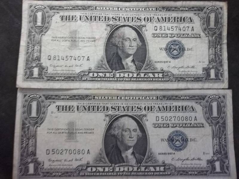 lot 141 image: 2-US One Dollar Silver Certificates Series 1957 A