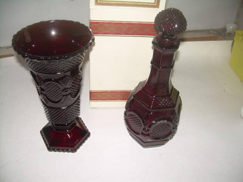 VINTAGE RUBY RED VASE AND BOTTLE