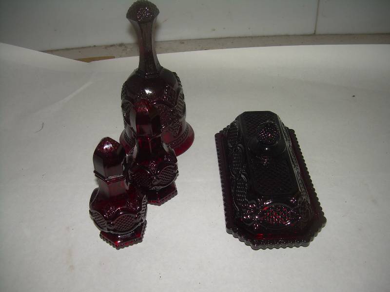 RUBY RED BUTTER DISH , AND COVER 2 SALT AND PEPPERS