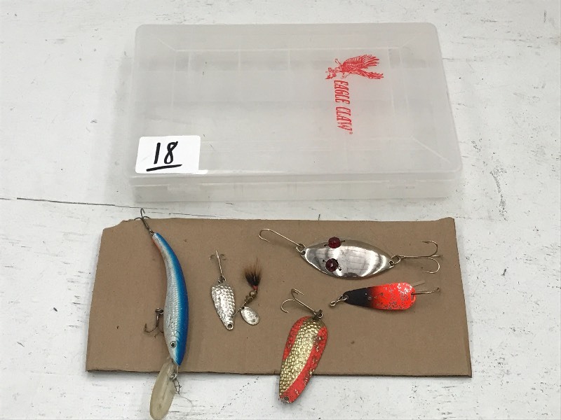 lot 18 image: (5) Fishing Lures & Tackle Box