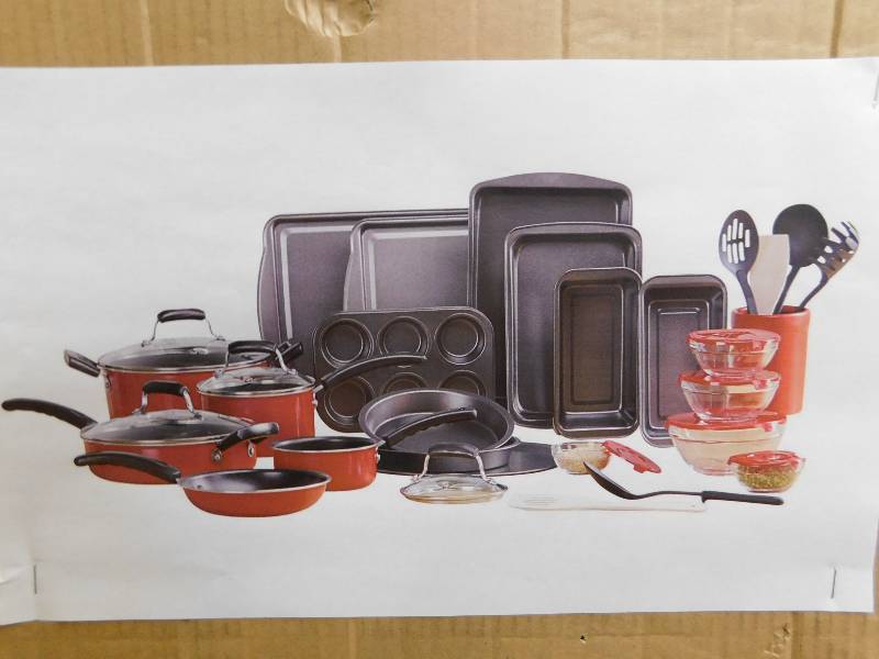 lot 86 image: alcove 36 pc. Kitchen basics S Red, MSRP $164.99, STOCK PHOTO