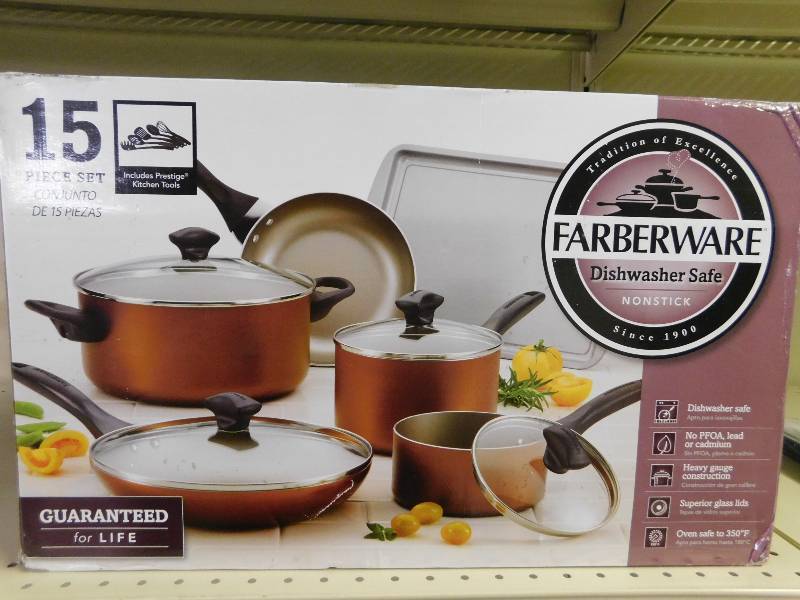 lot 98 image: FARBWARE15pc DISHWASHER Safe COOKWARE Copper, MSRP $79.99