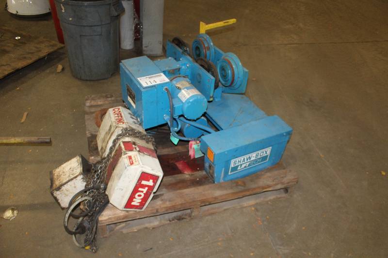 lot 114 image: Pallet Lot of Hoist System Equipment Includes Shaw-Box Lift Tech Motor Driven Trolley, Coffing 1-Ton Hoist