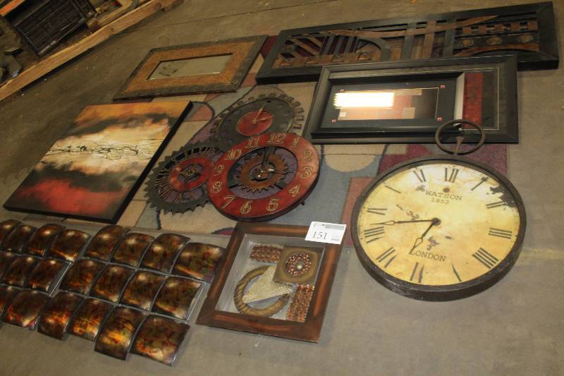 lot 151 image: Pile Lot of Home Dcor Includes Wall Clocks, Wall Mirrors, Wall Art