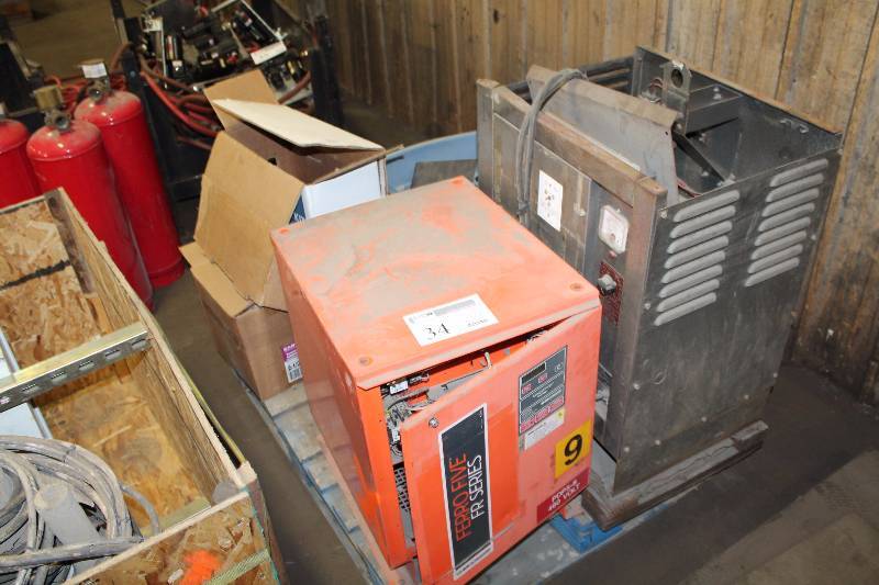 lot 34 image: Pallet Lot of Battery Chargers, Pipe Fixtures, Assorted Strapping