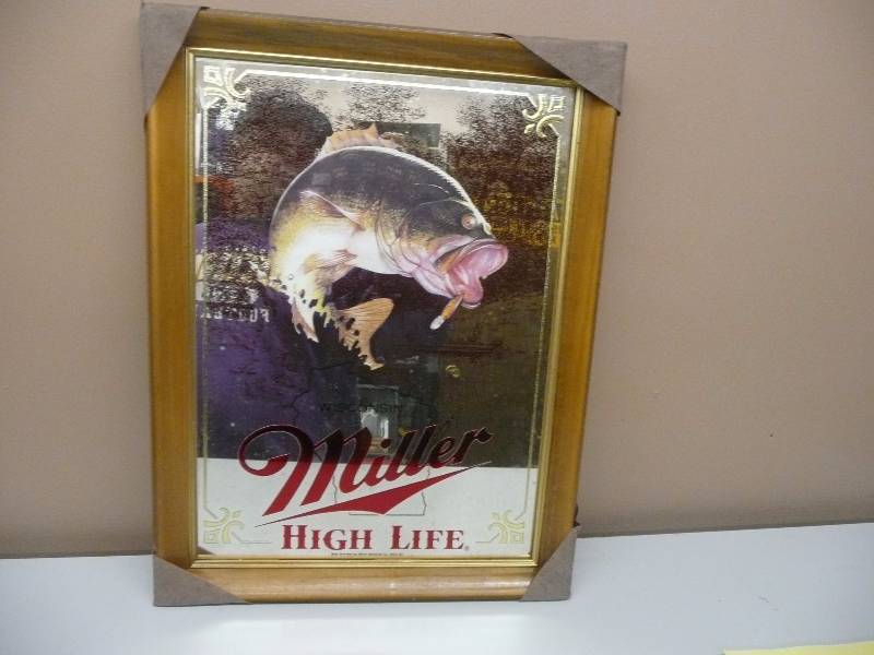 lot 45 image: MILLER HIGH LIFE FIRST EDITION WISCONSIN SPORTSMAN SERIES MIRROR  - BASS - NEW IN BOX - NEW OLD STOCK - SEE PICTURES
