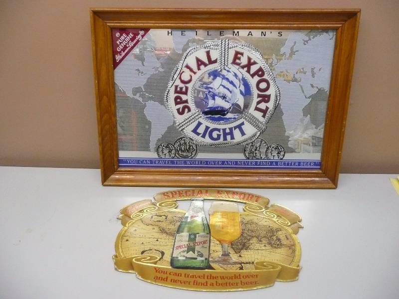 lot 52 image: VINTAGE 1980 SPECIAL EXPORT LIGHT MIRROR - VERY GOOD CONDITION - APPROX 21WIDE 15HIGH - WITH VINTAGE FOIL SPECIAL EXPORT SIGN - APPROX 14WIDE 11HIGH - SEE PICTURES