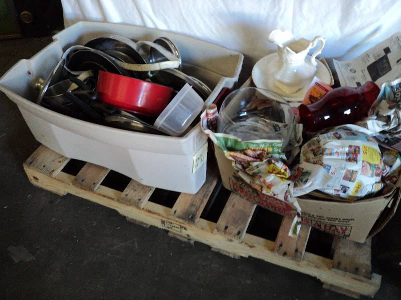 lot 15 image: tub of cookware and box of misc. gl...