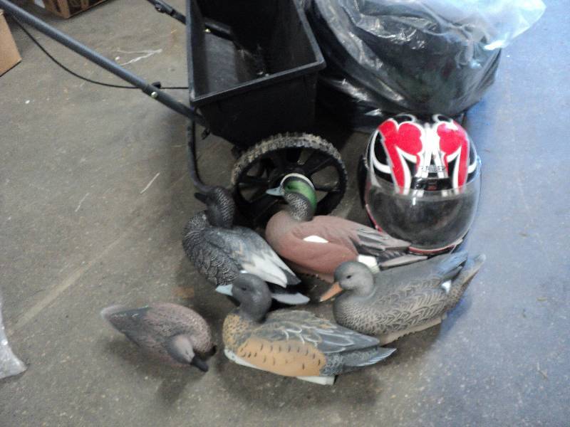 lot 17 image: 5 decoys, lawn spredder, helmet, ga...