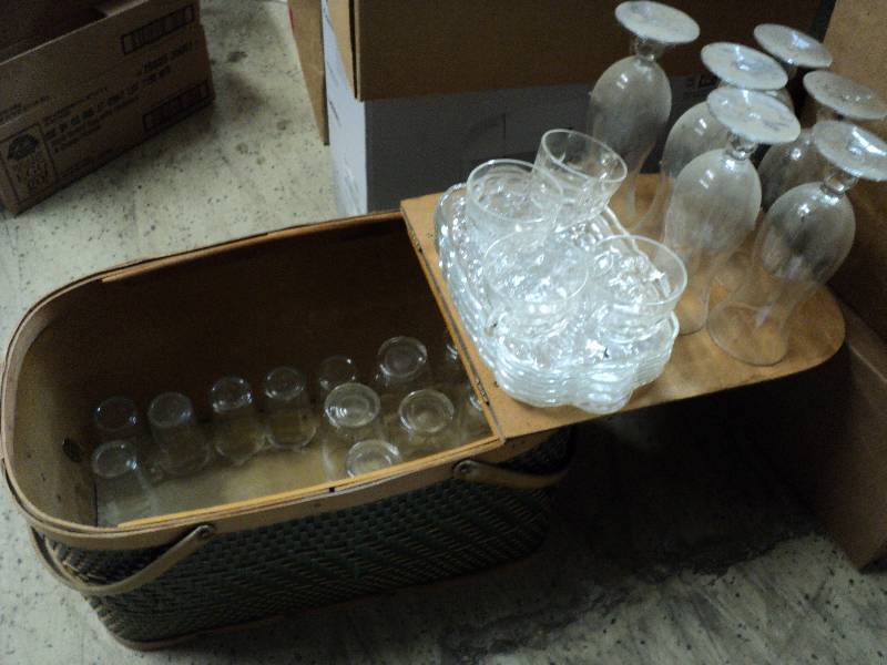 lot 73 image: picnic basket full of glassware...