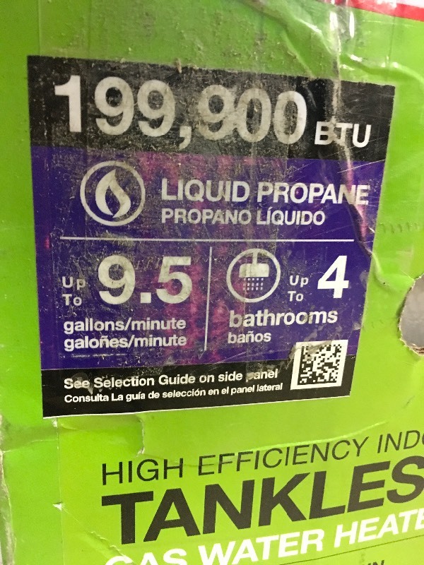 lot 35 image: Rheem 9.5 GPM Liquid Propane Gas High Efficiency Indoor Tankless Water Heater model ECOH200DVLP-1 retails for $1300
