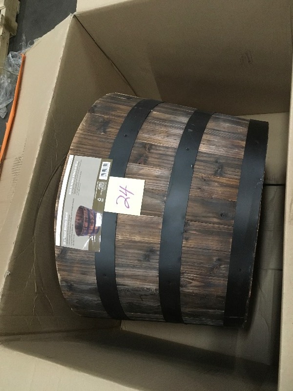 lot 24 image: 26 in. Round Wooden Barrel Planter
