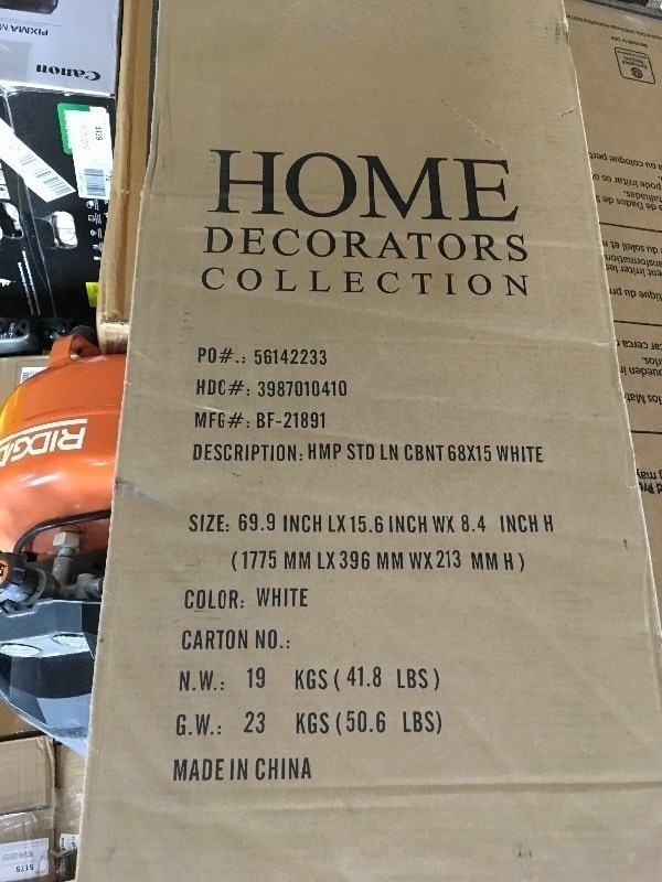 lot 43 image: Home Decorators Hampton Harbor 23 in. W x 13 in. D x 67-12 in. H Corner Linen Cabinet in White not used