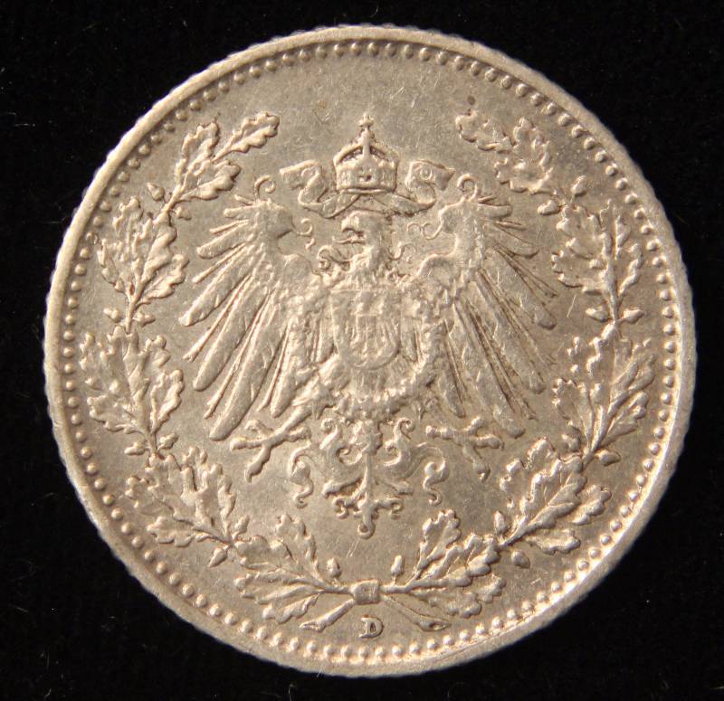 1907D GERMAN EMPIRE 12 DEUTSCHE MARK (90% SILVER - 2.77 GRAMS)