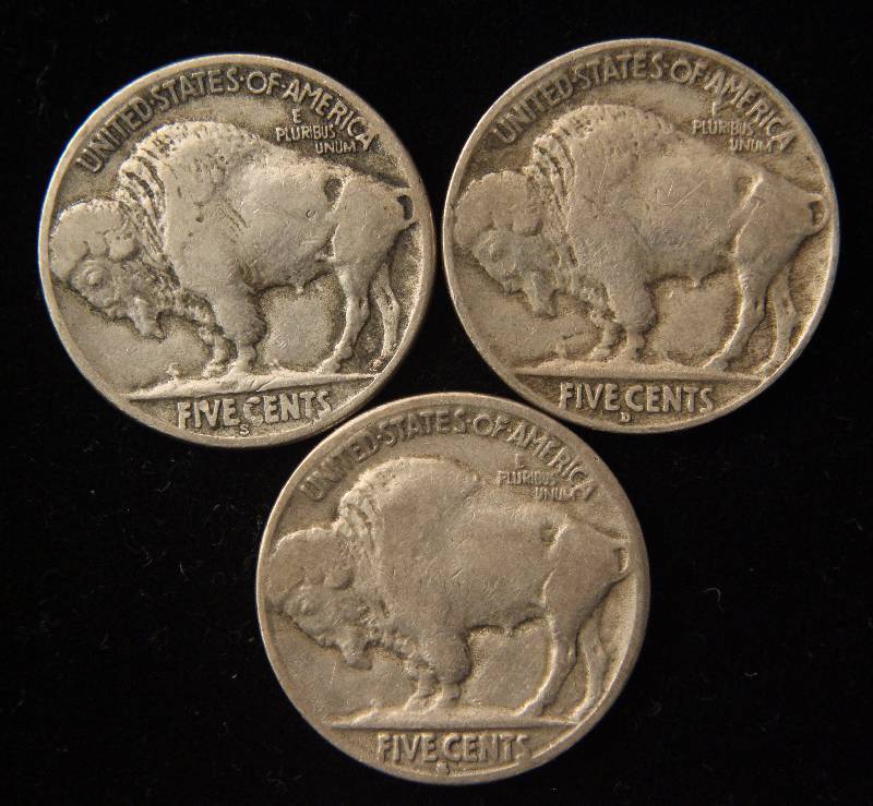 GROUP OF 3 BUFFALO NICKELS 1927-S FINE, 1929-D FINE & 1935-S FINE