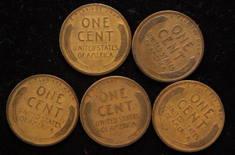 5 WHEAT CENTS FROM THE 1920S 26, 26D, 27, 27D & 27S