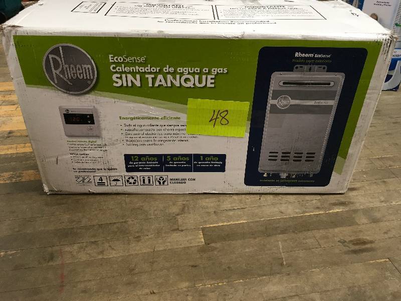 lot 48 image: Rheem EcoSense 8.4 GPM Natural Gas Mid Efficiency Outdoor Tankless Water Heater.Open Package not used