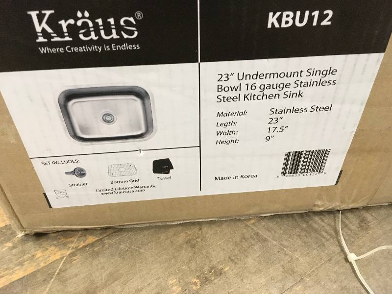 lot 52 image: KRAUS 16 Gauge Stainless Steel 23-inch Undermount Single Bowl Kitchen Sink with NoiseDefend Soundproofing. Open Package not used
