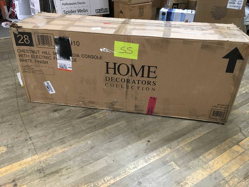 lot 55 image: Home Decorators Collection Chestnut Hill 56 in. TV Stand Electric Fireplace with Sliding Barn Door in White. Open Package not used