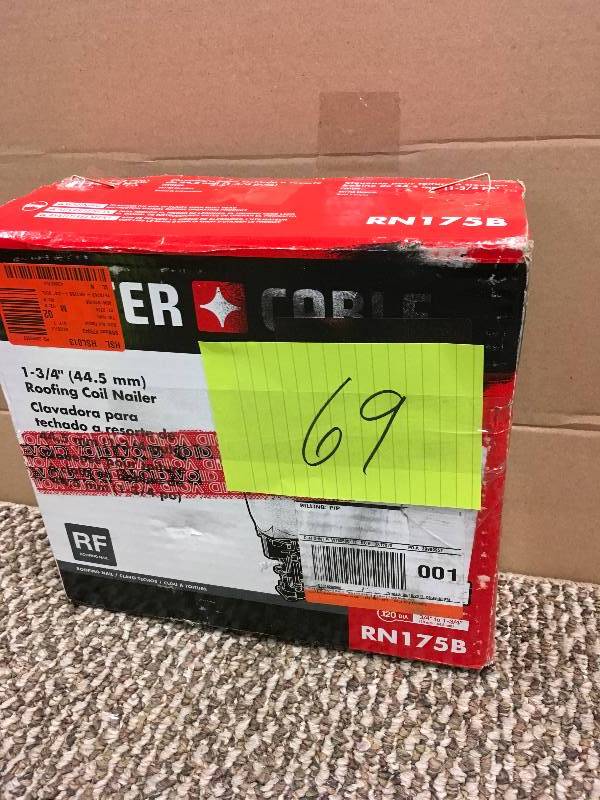 lot 69 image: Porter Cable 15 Degree 1 34 in. Coil Roofing Nailer. Open Package not used