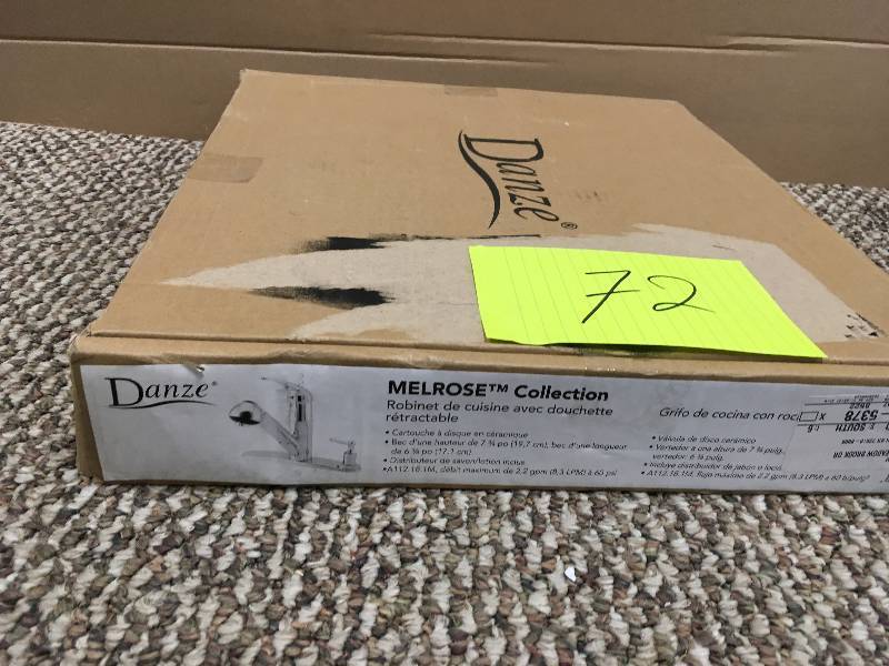 lot 72 image: Danze Melrose D455612 Single Handle Pull Out Kitchen Faucet with Soap Dispenser. Open Package not used