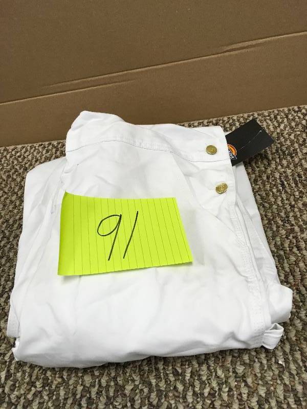 lot 91 image: Dickies Relaxed Fit 38-32 White Painters Bib Overall. Open Package not used