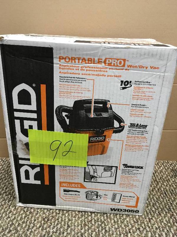 lot 92 image: Ridgid 3 Gal. 3.5-Peak HP Portable Pro Wet Dry Vac. Open Package not used