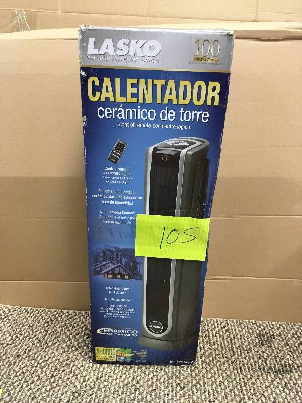 lot 105 image: USED - Lasko 5572 Oscillating Ceramic Tower Heater with Remote. USED
