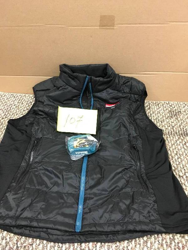 lot 107 image: Makita X-Large Black 18-Volt LXT Lithium-Ion Cordless Heated Vest. Open Package not used