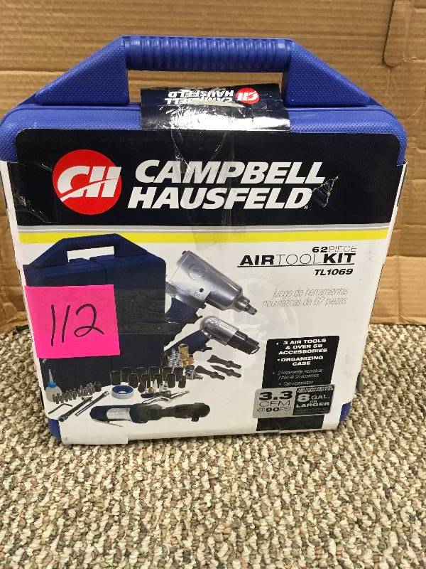 lot 112 image: Campbell Hausfeld 62 Piece Air Tool Kit. Open Package not used