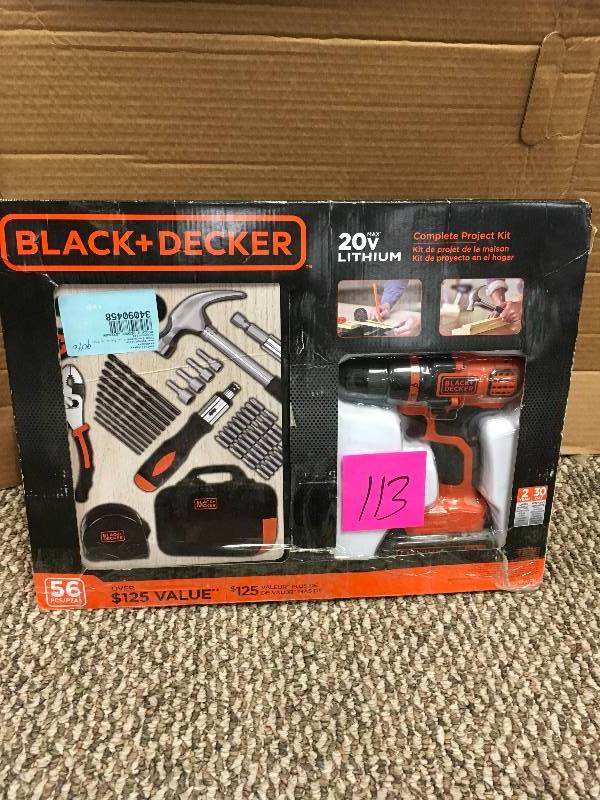 lot 113 image: Black & Decker Ldx20wpk Cordless Lithium-Ion Drill and Project Kit, 55 Piece. Open Package not used