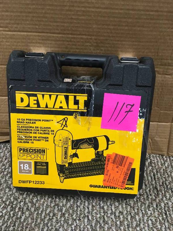 lot 117 image: DeWalt Nailers Pneumatic 18-Gauge Brad Nailer DWFP12233. Open Package not used