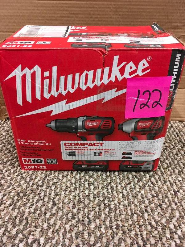 lot 122 image: Milwaukee 2691-22 18-Volt Compact Drill and Impact Driver Combo Kit in like new condition