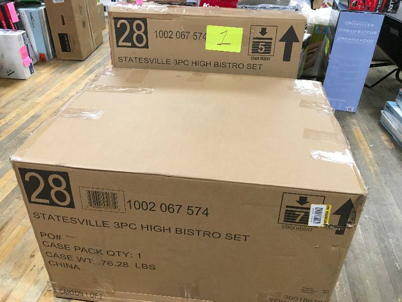 lot 1 image: Statesville 3 Pc High Bistro Set open box never used