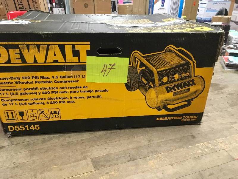 lot 47 image: DeWalt D55146 1.6 HP 4.5 Gallon Oil-Free Wheeled Portable Air Compressor. Open Package not used