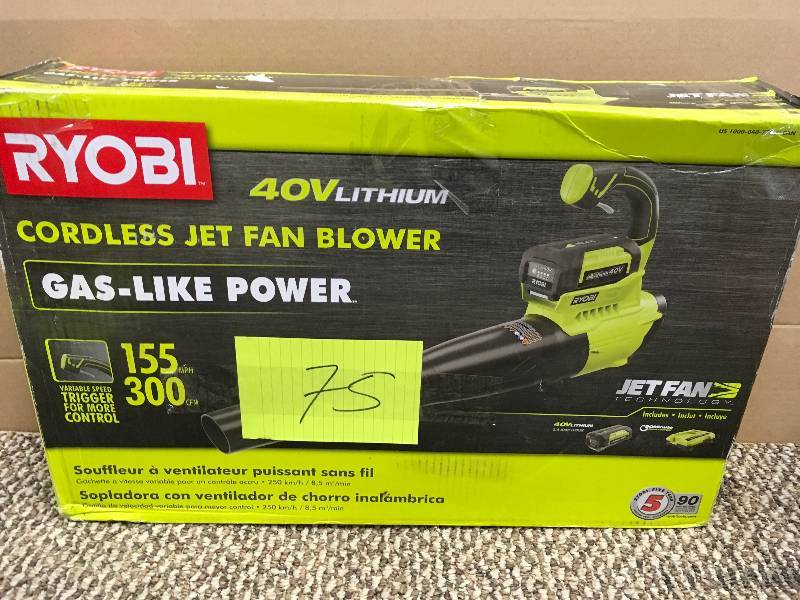 lot 75 image: Ryobi 155 MPH 300 CFM 40-Volt Lithium-Ion Cordless Jet Fan Blower - 2.6 Ah Battery and Charger Included. Open Package not used