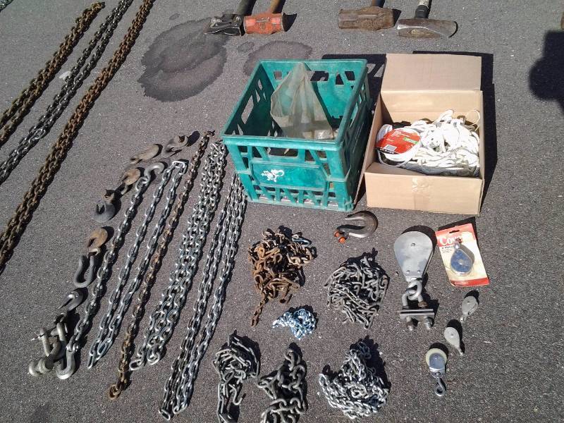 Assorted Chain Lengths, Hooks, Clevises, Ropes, Pulleys