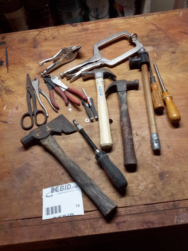 lot 70 image: Misc. Tools as pictured.. Hammers, screwdrivers, Vise Grips