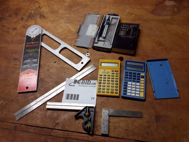 lot 77 image: Misc. measurement items.. Includes STARRETT miter Saw protractor