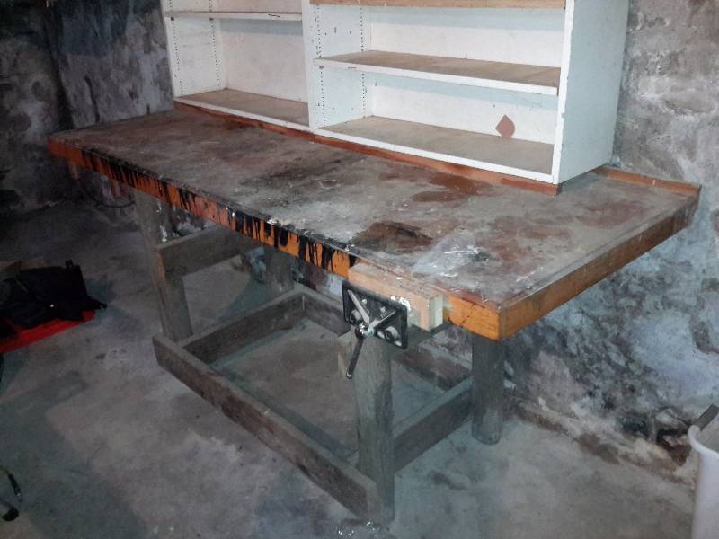 lot 12A image: Home Made Work Bench with vise upper shelf unit