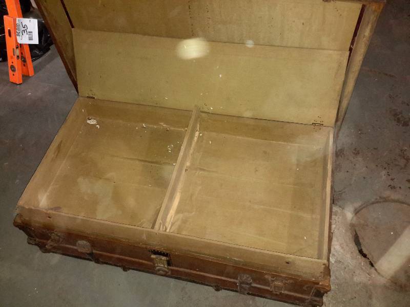 lot 12B image: Vintage Trunk with very interesting metal clamps