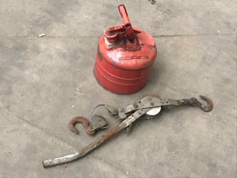 lot 13 image: Steel Gas Can & Come-Along